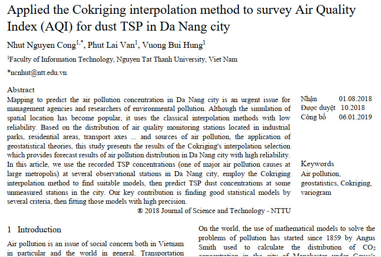 Applied the Cokriging interpolation method to survey Air Quality Index (AQI) for dust TSP in Da Nang city