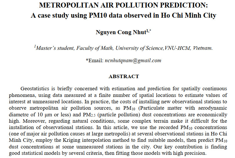 METROPOLITAN AIR POLLUTION PREDICTION: A case study using PM10 data observed in Ho Chi Minh City